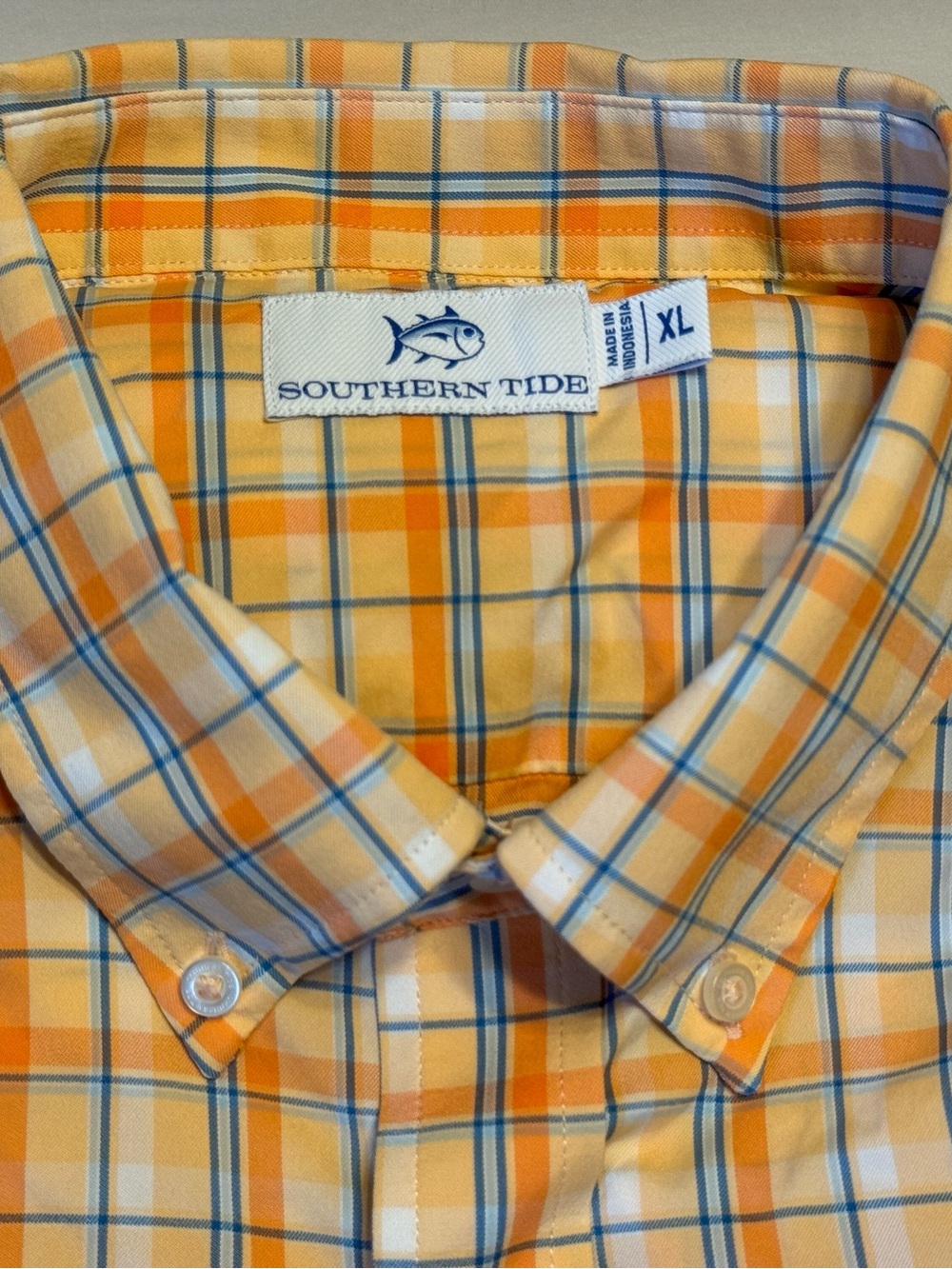 Southern Tide Men's Orange and Blue Plaid Button-Down Shirt